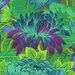 Close up of fabric featuring vibrant blue, teal, purple, and green flowers over a swamp green background