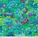 Fabric featuring vibrant blue, teal, purple, and green flowers over a swamp green background