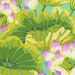 close up Fabric featuring vibrant pink, white, and yellow lotus blossoms and vivid green leaves over a dusty blue background