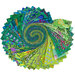 Photo of a fabric roll containing green coordinating fabrics fanned out from the Kaffe Fassett Collective Plus collection