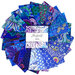 Photo of blue coordinating fabrics from the Kaffe Fassett Collective Plus collection fanned out in a circle