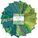 Photo of green and blue coordinating fabrics from the Kaffe Fassett Collective Plus collection fanned out in a circle