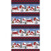 Border stripe print with snowy farm scenes, red plaid, and holly leaves and berries on navy.