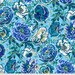 Fabric featuring vibrant white, teal, blue, and yellow poppies over a light blue background