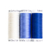 Photo of three thread spools in white and blue on a white background