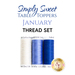 Photo of three thread spools in white and blue on a white background with the words 