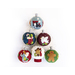 An isolated photo of the 5 ornaments and snow globe stacked in a triangle shape against a white background.