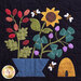 Close up of one quilt block showing a blue pot holding a sunflower and various berries with a beehive to one side and bees flying around