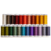 Two rows of thread spools in a rainbow of colors isolated on a white background