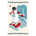 digital image of a cream fabric panel depicting a mischievous snowman on the roof overlooking a snowy little town