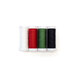 Photo of four thread spools in white, red, green, and black isolated on a white background.