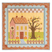 The completed Little Garden House in Autumn wall hanging in a soft autumnal palette of orange, blue, green, and yellow, isolated on a white background.