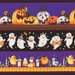 Close up of indigo border stripe fabric with stripes of white and orange jack o' lanterns, ghosts, candy corn and owls, and thin stripes of plaid