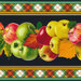 close up scan of border stripe fabric featuring fruits, leaves, and plaid patterns on a black background