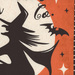 Fabric featuring the silhouette of a witch and bat against an orange and cream background