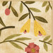 8x8 close-up of top right corner of panel featuring yellow and red flowers and olive-colored stems and leaves with a thin tan border on the top and right edges