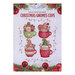 Front cover of pattern showing a digital rendering of the final project, four adorable and vibrant corss stitched gnomes in christmas themed cups