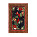 Isolated photo of a winter themed panel quilt featuring a panel with red cardinals and poinsettias on a black background with a rustic textured border, on a white background.