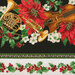 Border stripe close up detail shot of a stripe of holly sprigs, and the french horn, trumpet, and cello among poinsettias and holly.