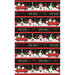 Border print featuring gnomes in little red trucks hauling Christmas trees.