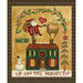 golden tan fabric panel with a green and red plaid border and a main scene of santa and a reindeer on an rooftop with a holly arch 