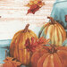 Close up of fabric featuring pumpkins in the back of a blue pickup