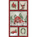 digital image of white speckled red fabric panel, featuring a main scene of a winter barn and 2 squares on both the top and bottom featuring a cardinal, deer, vintage red truck, and wreath