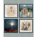 digital image of a light blue fabric panel with scattered horns and 4 different tiles of an angel, church with a nativity scene, the northern star over the manger, and the 2 wise men
