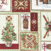 close up of multi fabric with a small christmas tree, quilting blocks, crossed and displayed skis, a sled, and a vertical 