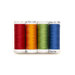 Photo of 4 thread spools in red, orange, green, and blue isolated on a white background