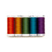 Photo of 5 thread spools in red, orange, green, blue, and purple, isolated on a white background