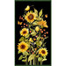 digital image of black fabric panel with a dark green border, featuring sunflowers, lantern plants, butterflies, and an American Goldfinch 