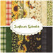 collage of all sunflower splendor fabrics in shades of yellow, cream, orange, green, and black