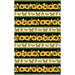 A patterned fabric design featuring alternating rows of sunflowers and butterflies on a black background.