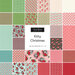 collage of Kitty Christmas fabric collection, in retro shades of green, red, pink, blue, and black