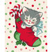 digital image of cream colored fabric panel with a gray and white kitten in a red and green stocking, accented by pink, red, and green polka dots