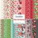 collage of Kitty Christmas fabric collection, in retro shades of green, red, pink, blue, and black