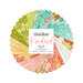 collage of kindred fabrics, splayed in a circle, in cheerful shades of pink, yellow, green, blue, and white