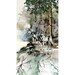 digital image of watercolor fabric panel featuring muted neutral colors and 2 wolves on a rocky outcropping next to some pine trees