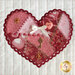 Close up photo of a pink, red, and white wall hanging featuring one of the four hearts covered in charms and ribbons.