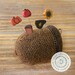 The autumn assortment pins in action, stuck into an acorn pincushion staged on a wood table.