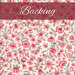 A cream fabric with a pink and tonal cream floral print; at the top, a red banner reads 