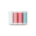 Isolated image of four spools of thread in pink, white, and blue on a white background.