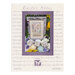 Picture of the easter notes cross stitch pattern, showing the finished piece in a frame featuring flowers, eggs, sheep, buttons, and easter sayings