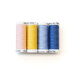 Four spools in the thread set, in order or pink, yellow, light blue, and cornflower blue, isolated on a white background.