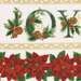 8x8 scan of border stripe fabric  featuring red poinsettias and the Christmas phrase Joy decorated with berries and pinecones