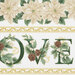 8x8 scan of border stripe fabric  featuring white poinsettias and the phrase love decorated with berries and pinecones