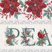 8x8 scan of border stripe fabric  featuring red poinsettias and the Christmas phrase Peace decorated with berries and pinecones