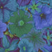 close up of Fabric featuring vibrant blue, periwinkle, and green flowers over a warm gray background