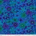 Fabric featuring vibrant blue, periwinkle, and green flowers over a warm gray background